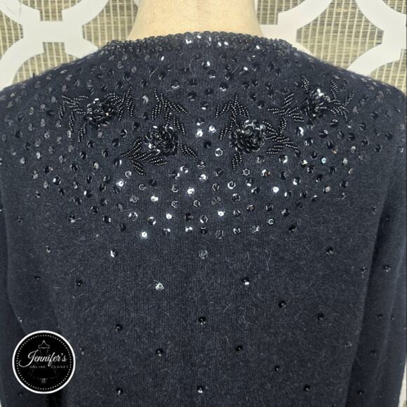 Cécile Bermuda Vintage Black Lambswool Angora Sequin Beaded Cardigan Size 12 - Picture 11 of 16